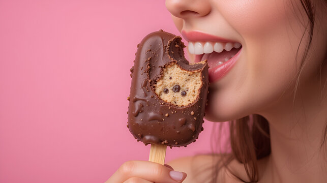 Closeup of woman holding chocolate covered ice cream bitten into on pink background
