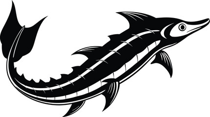 Lake sturgeon silhouette, freshwater fish line art, aquatic animal vector, minimal marine drawing, nature illustration design