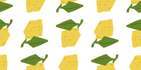 Yellow Lemons Seamless Pattern Design. Simple stylized lemons with green leaves in flat cartoon style on white background.