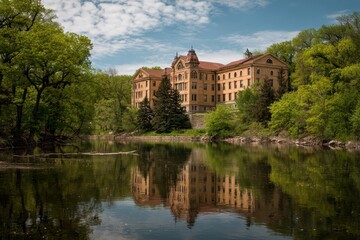 Vintage College Campus Scene: Historic Beloit College Building Framed by Lush Trees Under a Blue Sky and Reflecting in Nearby Water