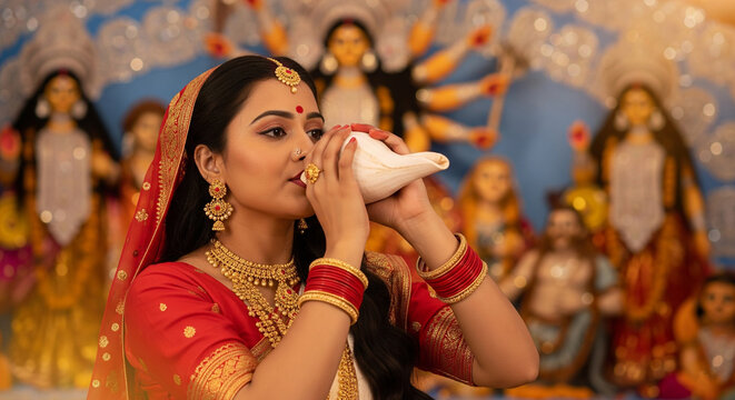 A woman wearing traditional saree and jewelry holds a conch shell to her lips and blows on it during the hindu festival of Durga Puja.