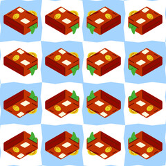 Seamless Travel Suitcase Pattern Design. Repeating flat isometric illustration of vintage brown luggage with travel stickers on a blue and white checkered background.