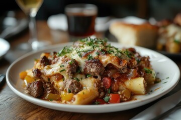 Naklejka premium A plate of lasagna served with a side of Italian sausage and peppers