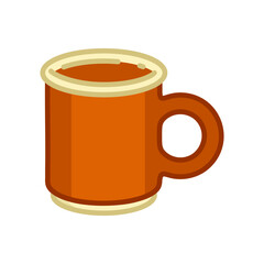 Cartoon Mug with Hot Drink. Flat style illustration of orange ceramic cup with warm beverage on white background.