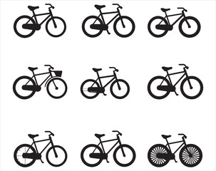 Black silhouette bicycles on white background showcasing different types and styles