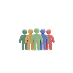 A diverse group of colorful human figures standing together, symbolizing teamwork, community, and social connection. 3D clay rendering on a white background.
