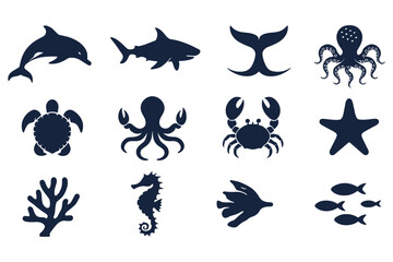 Silhouette sea creatures icons ocean life collection featuring marine animals vector
