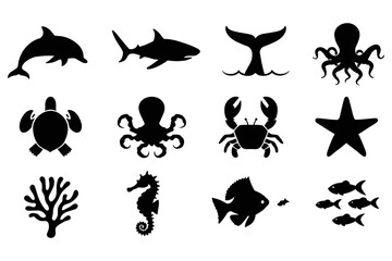 Silhouette sea creatures icons ocean life collection featuring marine animals vector