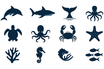 Silhouette sea creatures icons ocean life collection featuring marine animals vector