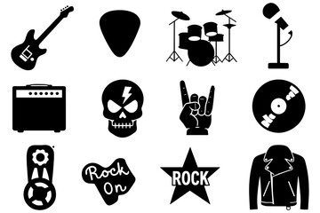 Silhouette rock music icons guitar, microphone, skull, and more in black and white vector