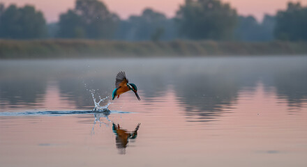 Kingfisher Dives for Prey in Sunrise Mist