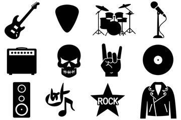 Silhouette rock music icons guitar, microphone, skull, and more in black and white vector