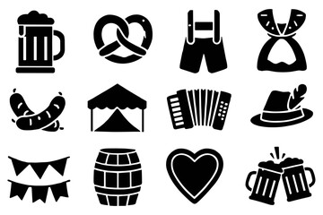 Silhouette Oktoberfest icons beer, lederhosen, pretzel, sausages, tent, accordion vector