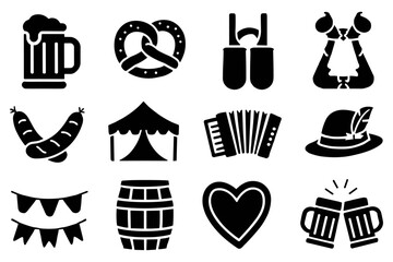 Silhouette Oktoberfest icons beer, lederhosen, pretzel, sausages, tent, accordion vector