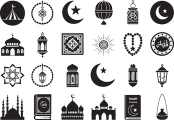 Ramadan & Eid Icon Set  Silhouette Style on White Background