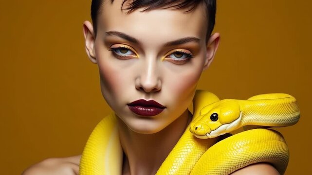 Beauty woman short haircut python yellow snake on her neck. A yellow snake on the shoulders of a girl. Beauty yellow eye shadow makeup, dark burgundy lipstick.