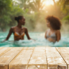 Empty wooden platform with copy space for product, blurred people relaxing in thai garden and spa in background. Japanese-style garden with lush greenery, pools, and elements of serene spa retreat. 