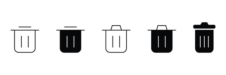 Trash bin icon set with flat minimal delete garbage dustbin can container style for app interface and web UI elements.