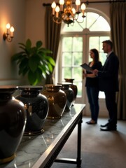 A man and woman talk in a sophisticated room featuring large decorative vases and a chandelier.
