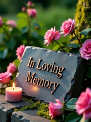 A memorial plaque surrounded by pink roses and a lit candle in loving memory.