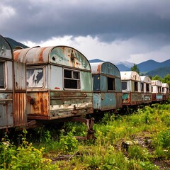 Fototapeta premium Abandoned trailers in a mountain landscape