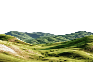 Rolling green hills with patches of light and shadow isolated on transparent background for nature and scenery themes