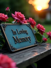 Memorial plaque on bench surrounded by pink flowers, paying tribute to a loved one in peaceful nature.