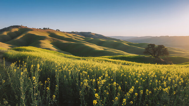 Rolling Hills of Tuscany with Yellow Flowers in the Foreground at Sunset