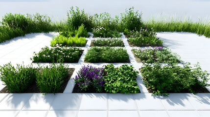 Square garden beds filled with diverse plants, herbs, and flowers.  White paving stones create a structured layout