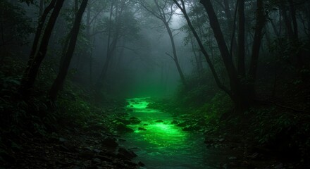 Fototapeta premium Gloomy, misty forest stream. Emerald green water flows through shadowy woods