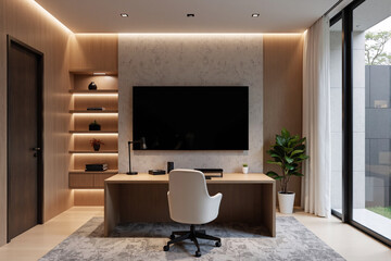 Luxurious and modern home office with a built-in desk, integrated lighting, and marble accents, a sophisticated and elegant workspace for remote work