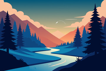 Lush Forest with Pine Trees and Clear River Vector Scene