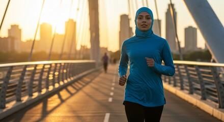 Empowered woman with hijab running outdoors for fitness with cityscape backdrop