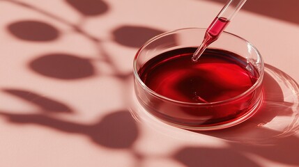 A glass petri dish contains red liquid with a dropper. Soft shadows from leaves create a pattern on a pink background. The scene suggests laboratory or scientific themes.