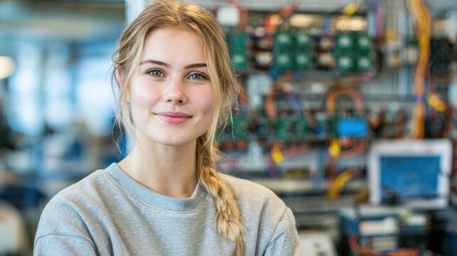 Happy Girl in Technical Classroom: Portrait of a Smiling Student Engaged in Electronics Training