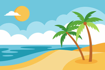 Ocean Shore with Palms and Blue Sky Vector Illustration