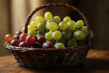 A close-up photograph of a woven wicker basket filled with fresh red grapes on a dark wooden table. The basket has a natural tan color with a tight woven pattern.