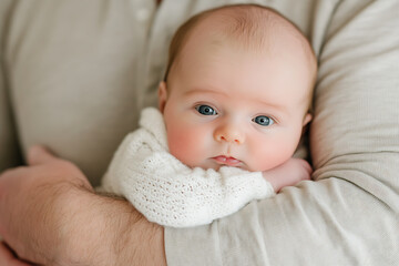 Newborn baby portrait, cradled gently in parent's arms, showcasing innocence and familial love. Sweet face with bright, captivating eyes. Tender embrace.