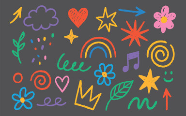 Kindergarten chalk element. Crayon scribble rainbow icon and sunshine elements with heart, question and arrow. Cloud swirl and flower accents for kid-friendly design or school themes. Perfect for fun.