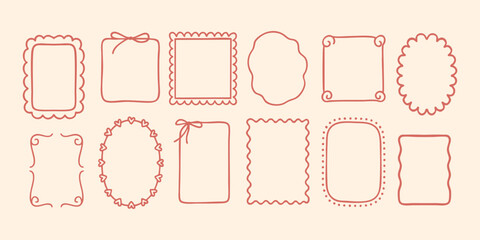 Border scalloped frame with curly wavy and oval ribbon elements in blush tones. Dot bow square sketch with delicate design for soft layout. Perfect for girly tags or note templates.