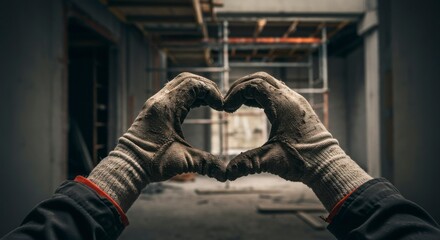 Construction worker forming a heart shape