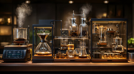 Minimalist laboratory showcasing precise craft soda brewing process with high tech equipment, glassware, and sampling glasses highlighting beverage development meticulousness