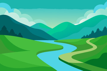 River Path Through Greenery in Scenic Vector Art