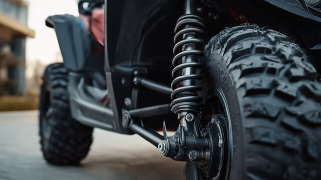 Close up of a black ATV wheel suspension and tire