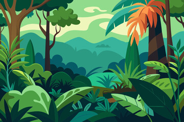 Tropical Jungle Vector Scene with Dense Vegetation