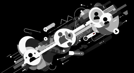 Abstract graphic in grayscale featuring interconnected icons, shapes and user profile symbols