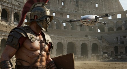 Ancient meets modern: Gladiator and drone at the colosseum blending technology with historical