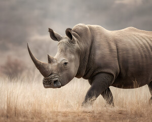 Obraz premium White Rhinoceros Walking Through Dry Grass Field