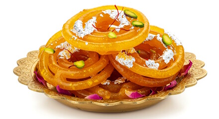traditional Indian Gujarati sweet jalebi in golden dish, also known in India as imarati, jilebi, jilawii,j ilapi, zulbia for Indian Festivals Dussehra, Eid, Diwali, shivratri, Holi, white background