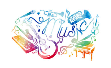 Abstract Music colorful. Many musical instruments. hand drawn. Not AI, Vector illustration